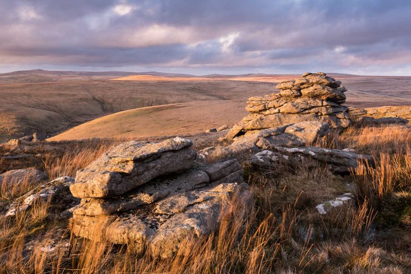 Late light and moorland view at Great Mis Tor