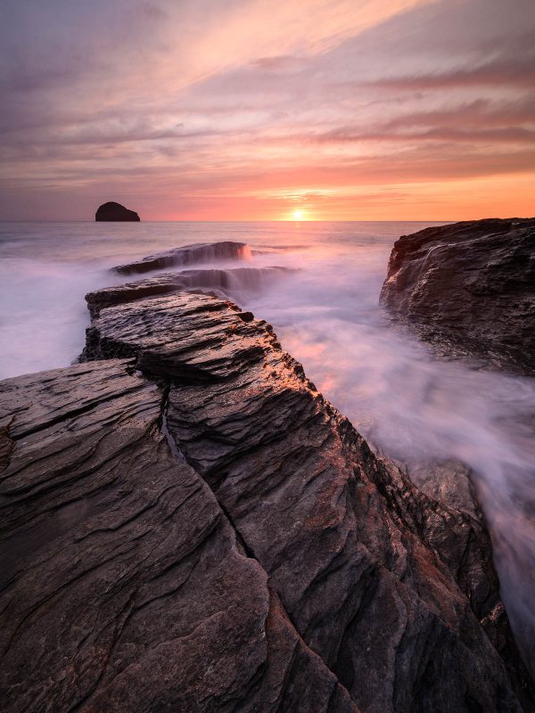 Trebarwith Strand, high tide at sunset